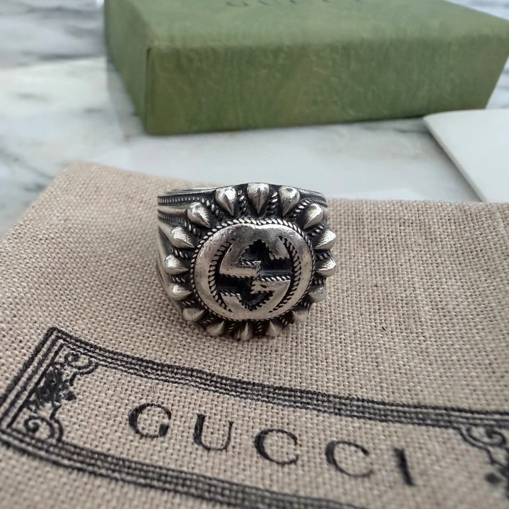 GUCCI AG925‎ Interlocking G GG Logo Ster Silver Signet Ring Size IT 13/ US 6.75